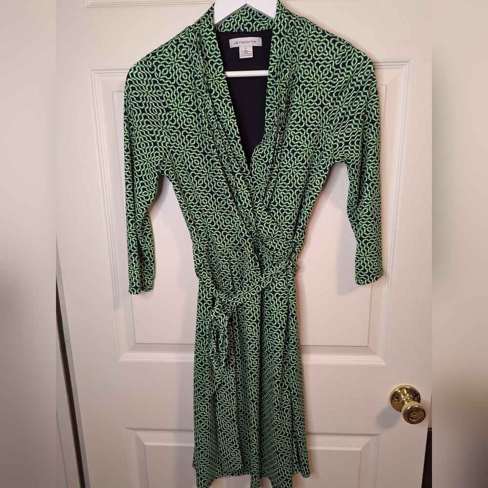 Liz Claiborne green and navy faux wrap dress size small